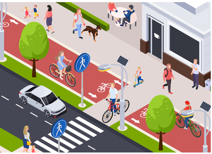 Busy street scene graphic with cyclists, walkers and cars
