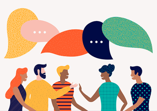 Graphic of diverse group of people with talk bubbles