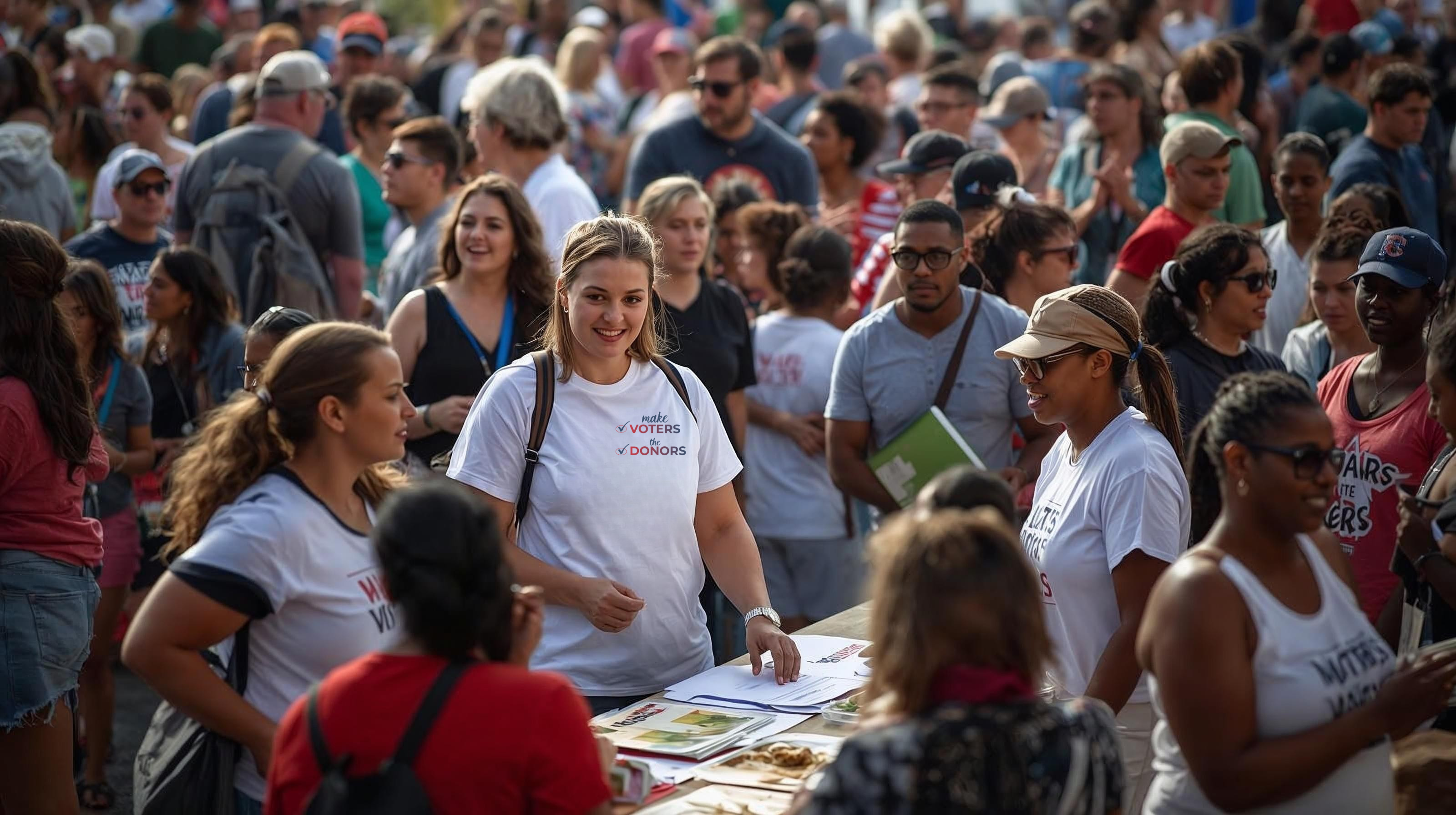 volunteer wearing a MVTD tshirt in a crowd at an event