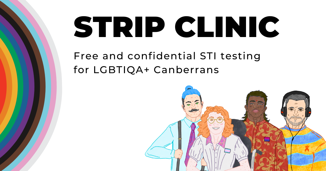 Image of diverse people with the text "STRIP Clinic. Free and confidential STI testing for LGBTIQA+ Canberrans"