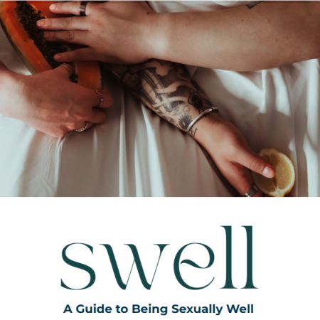 Image of hands touching fruit in a slightly suggestive manner. Text reads Swell. A Guide to Being Sexually Well'.