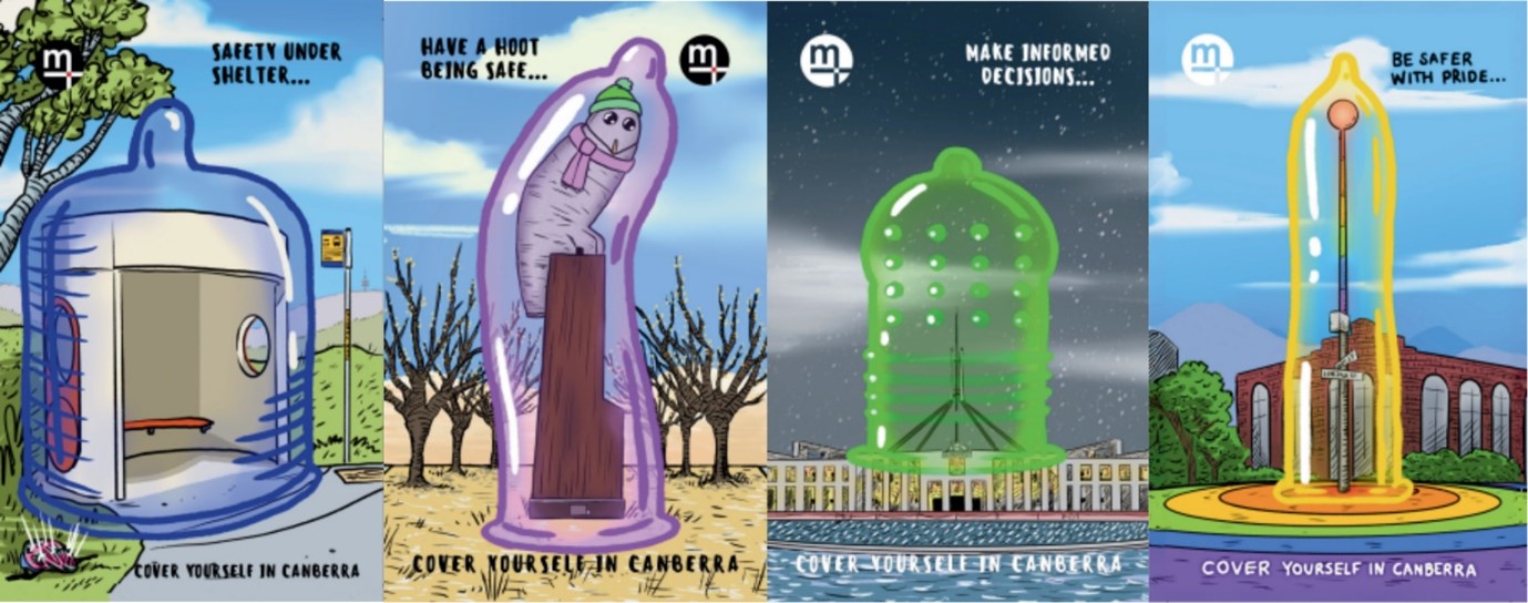 Cartoon images of condoms covering Canberra landmarks, including a bus stop, the Belconnen owl, Parliament House and the pole on the centre of the Braddon rainbow roundabout.