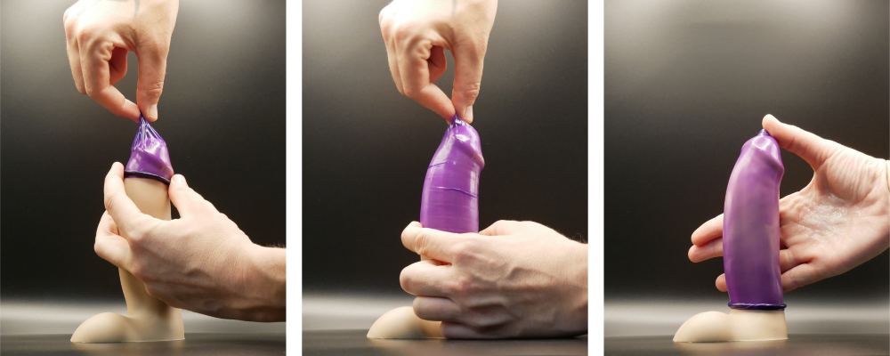 Series of images showing a person rolling a condom onto a penis-shaped sex toy