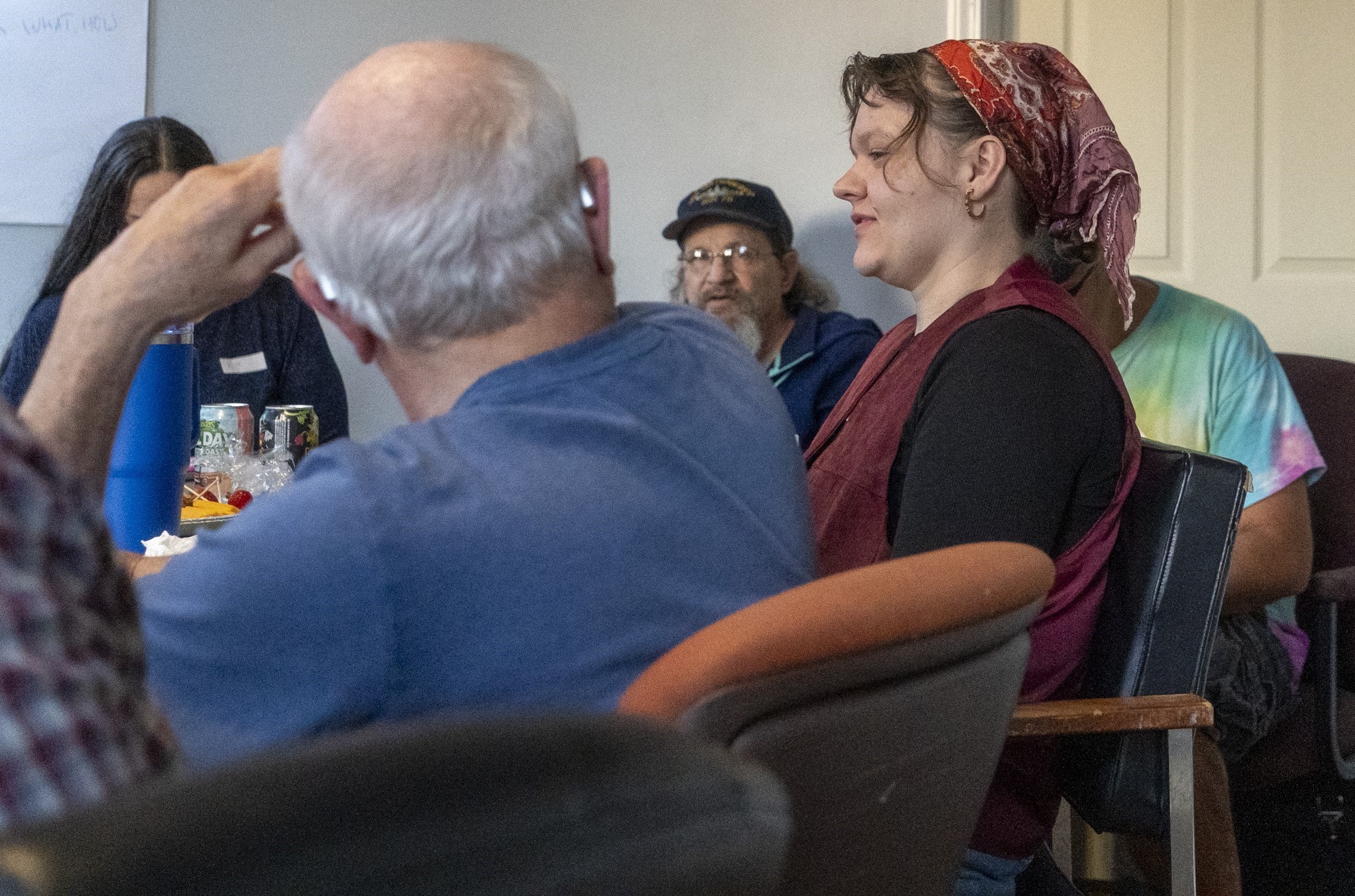 people talking at table