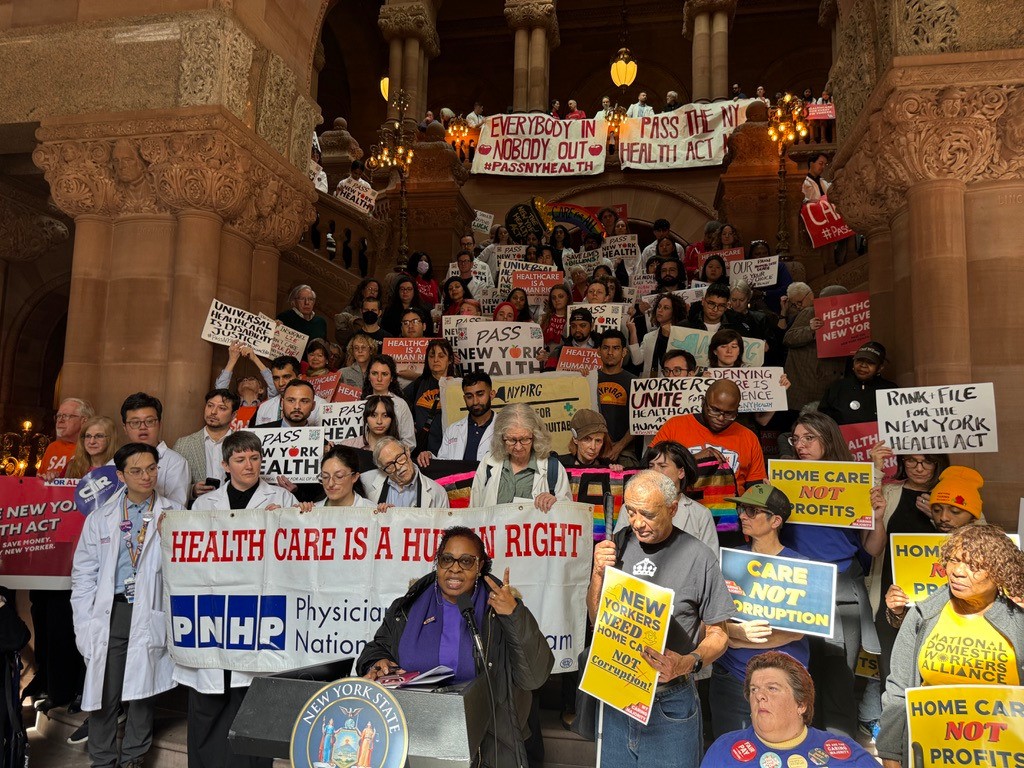 healthcare activists pose on Albany's million dollar staircase