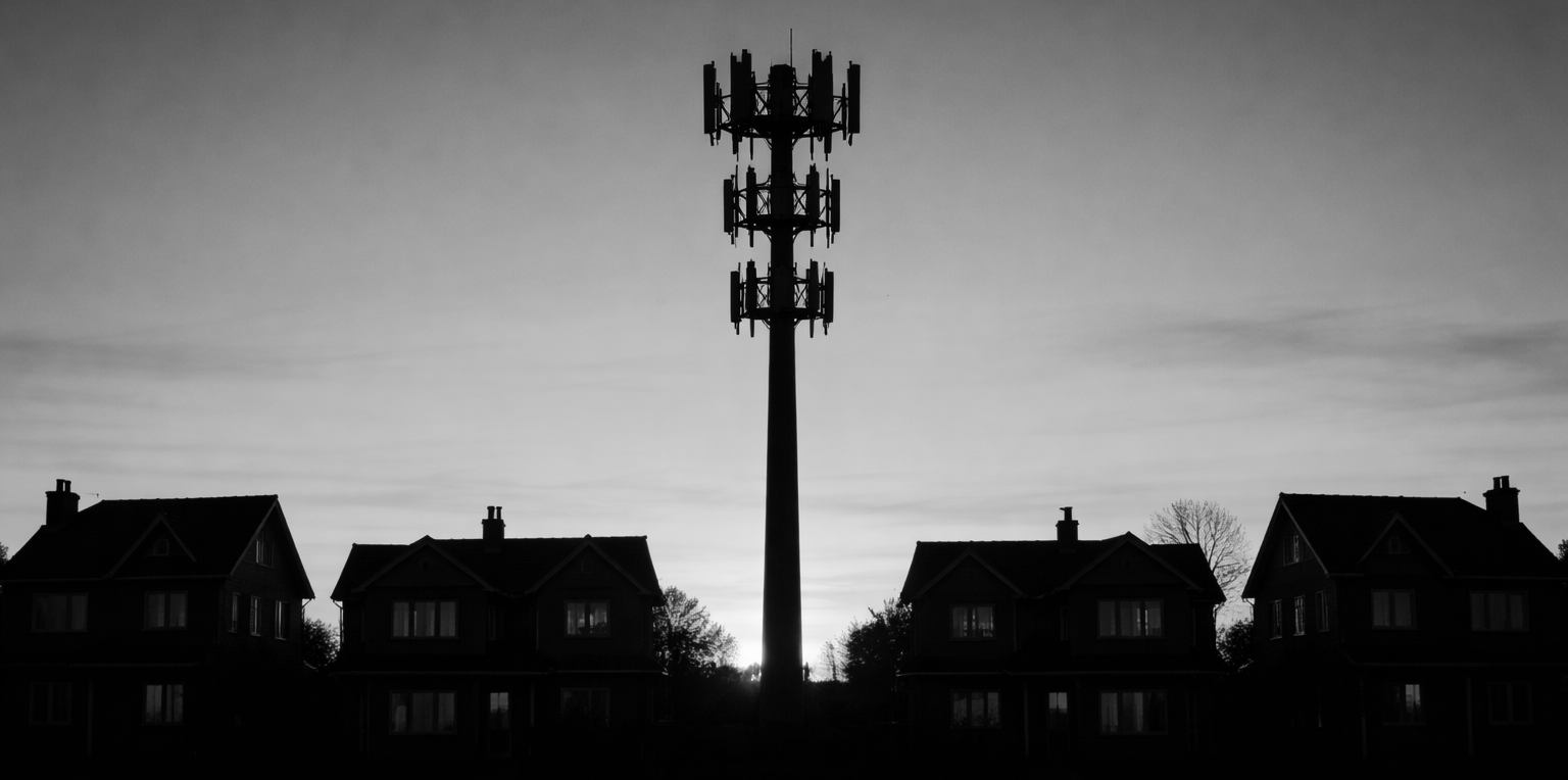 cell tower dwarfing and endangering surrounding houses