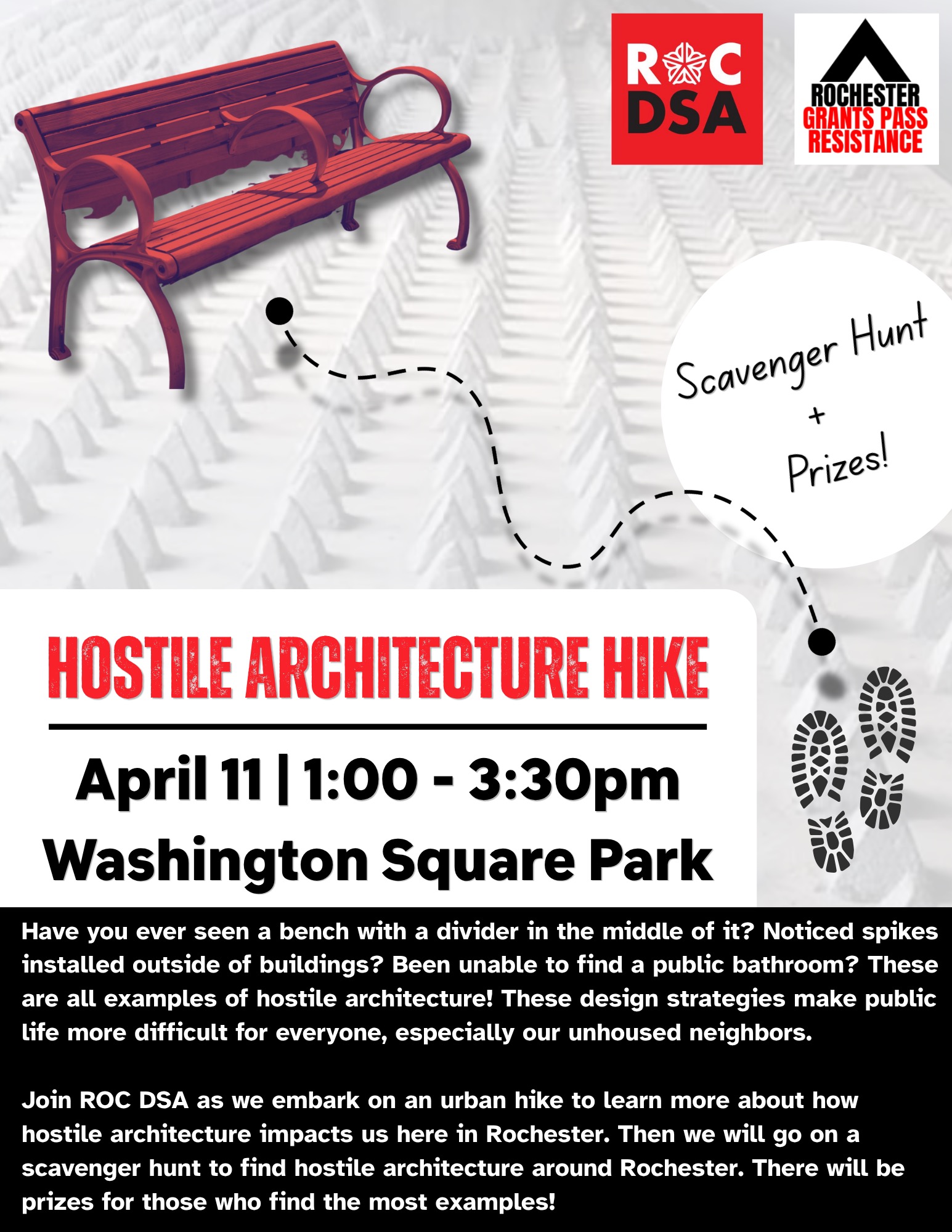 flier for 4/11 hostile architecture hike