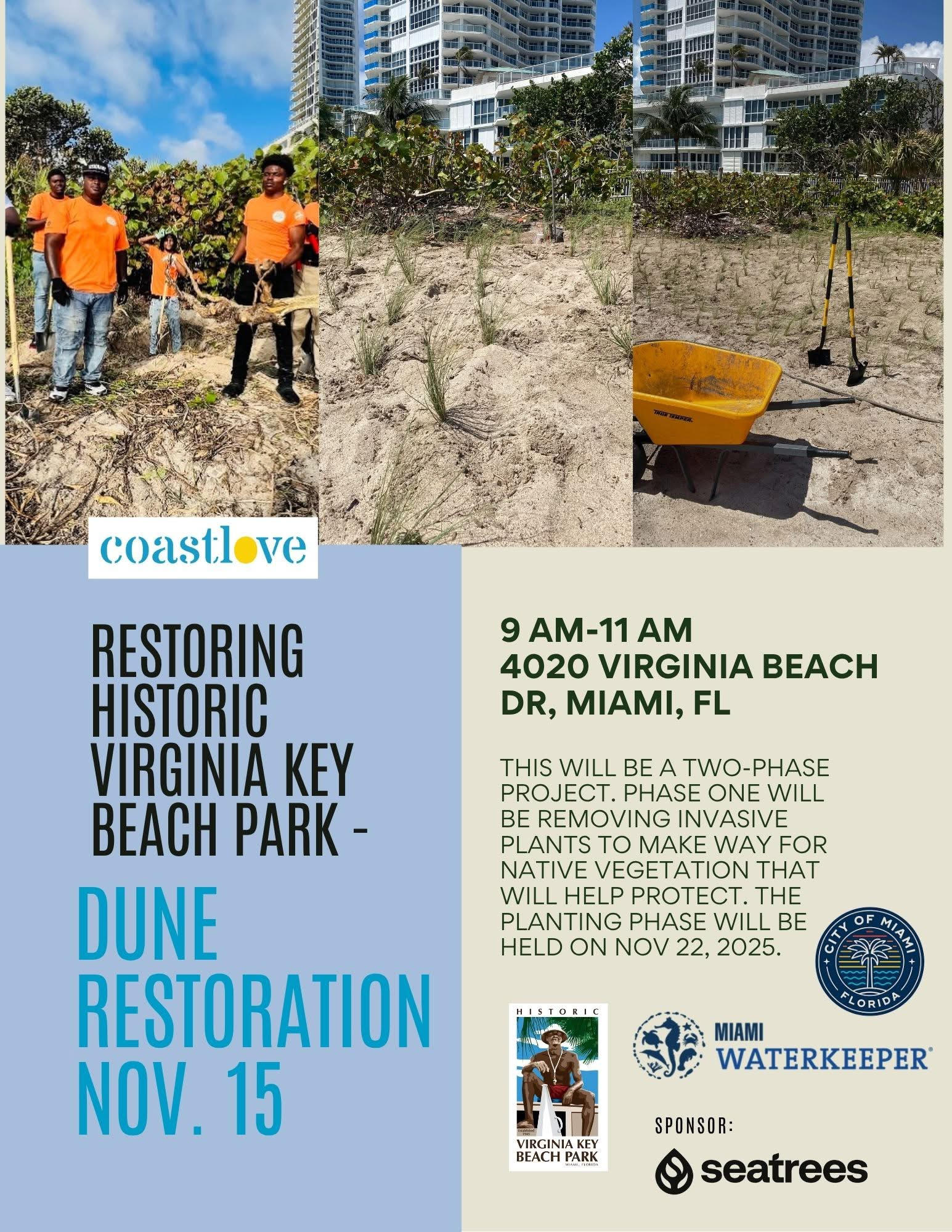Coastlove Habitat Restoration Flyer event flyer with images of dune restoration