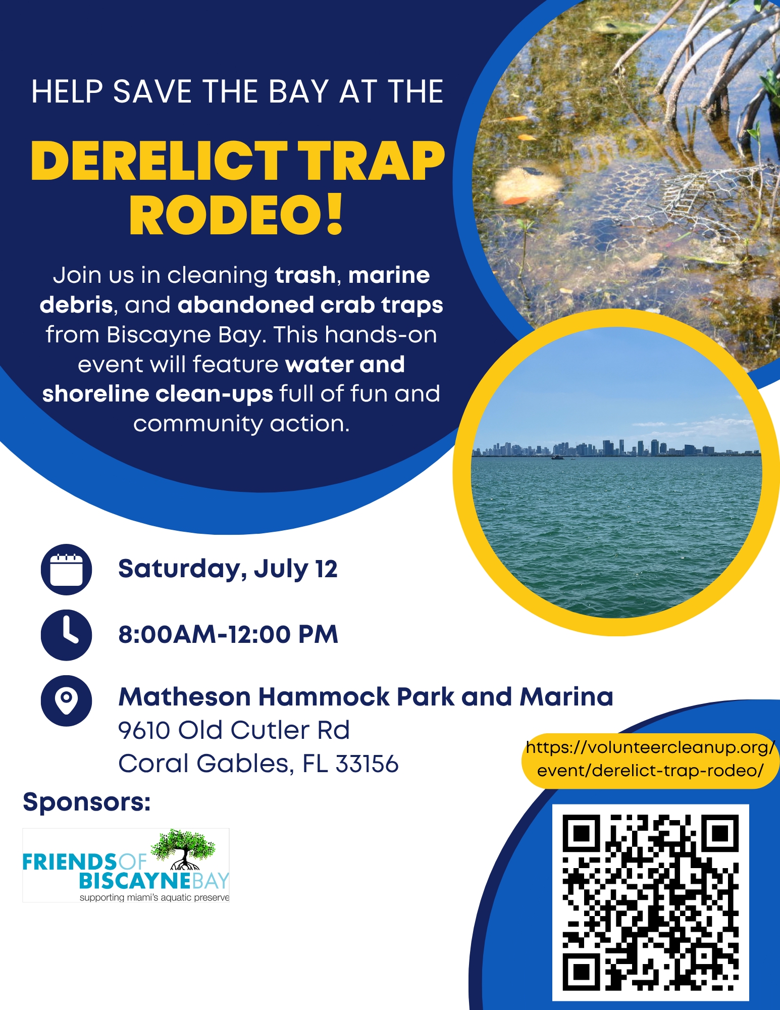 Event flyer with pictures of derelict traps and biscayne bay. 