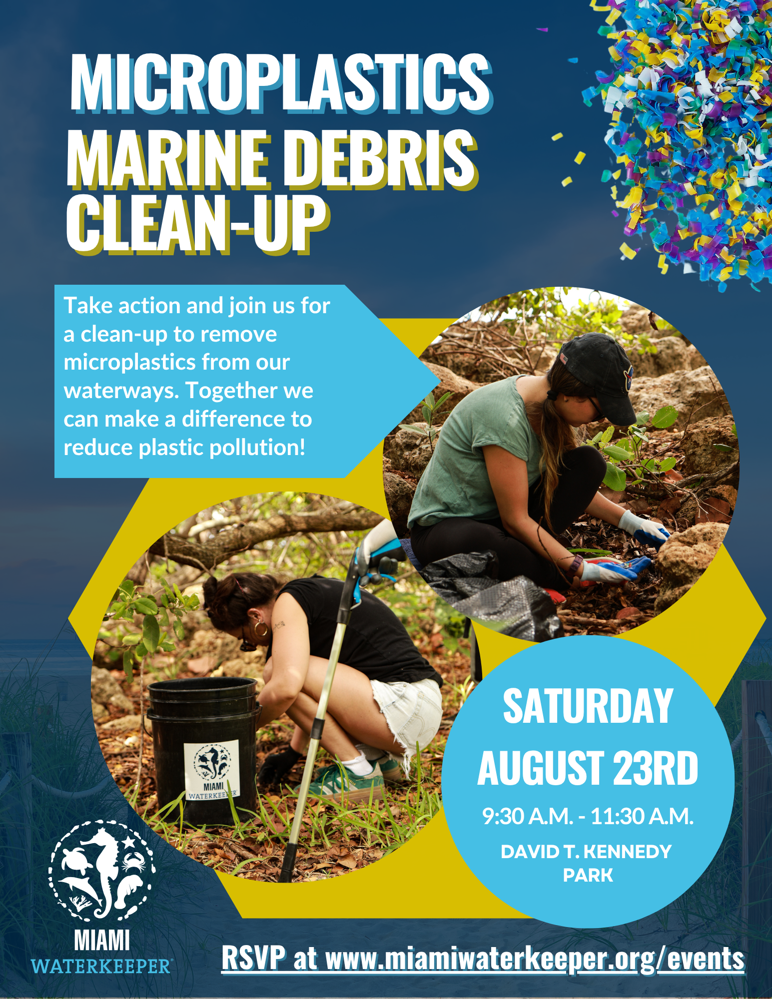 Event flyer with description, microplastic boarder, two images of women picking up plastic from mangroves