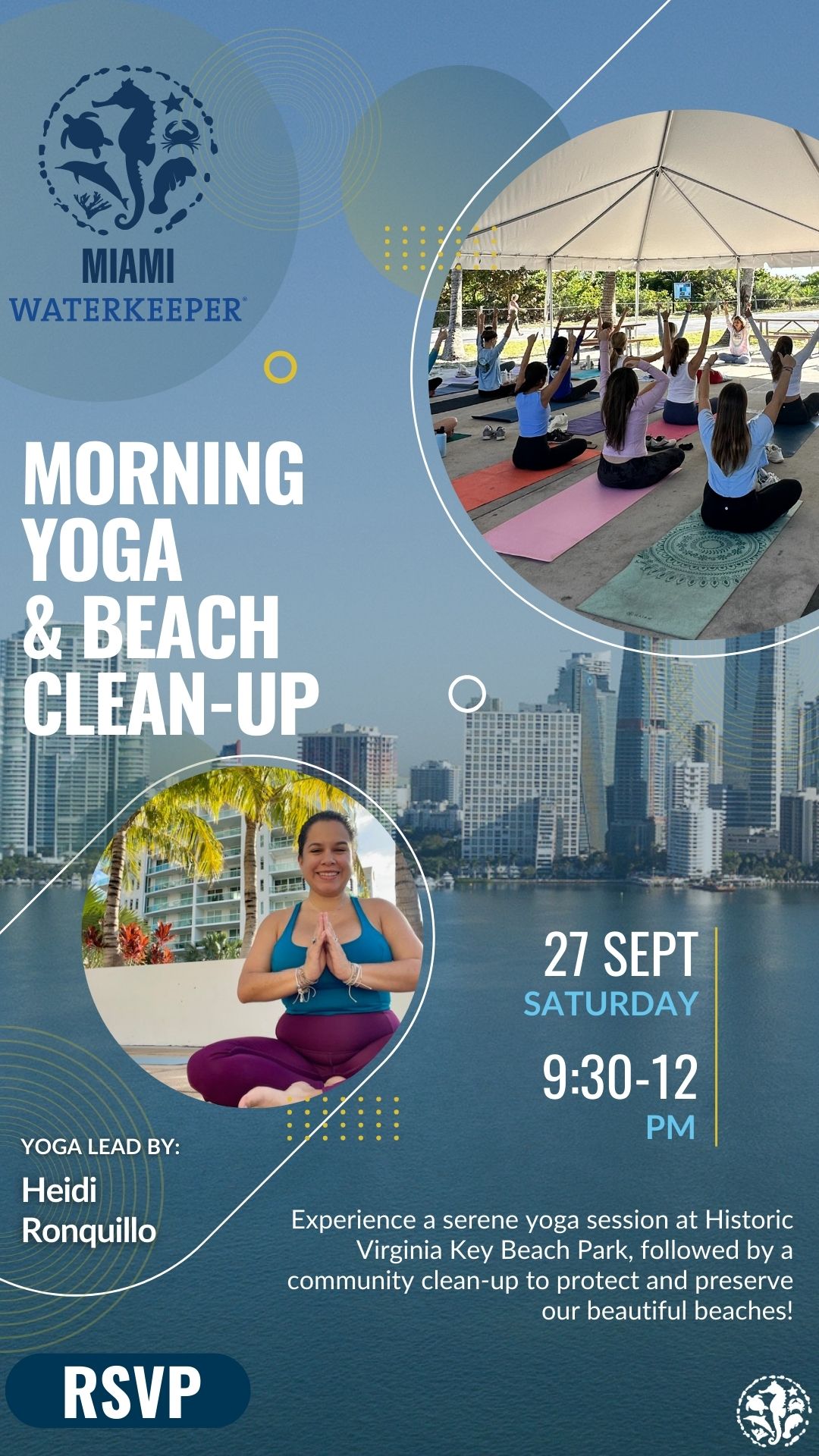 Event flyer with picture of instructor and yoga group picture