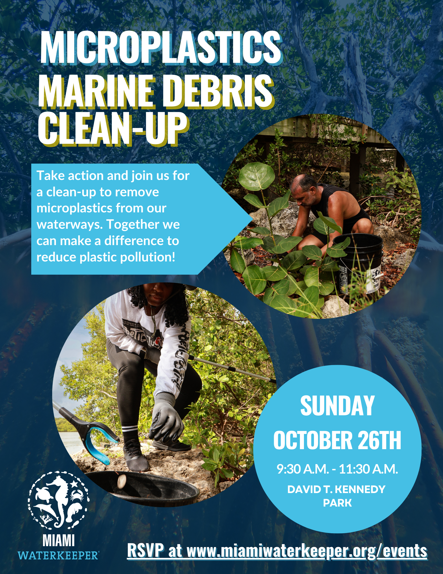 flyer with people picking up plastic from coastline