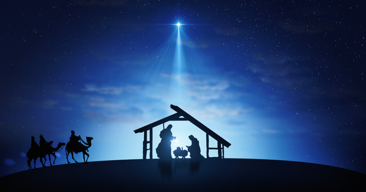 The Holy Family shelters beneath the night sky as a guiding star leads travelers toward the child born among the vulnerable.