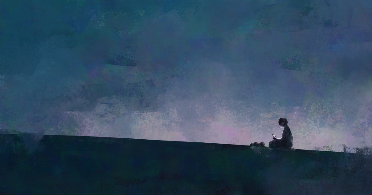 A digital art painting of a woman using a smartphone at night, outdoors, experiencing fear.