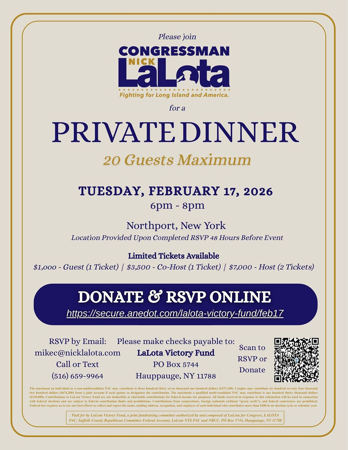 Join Congressman Nick LaLota for a Private Dinner