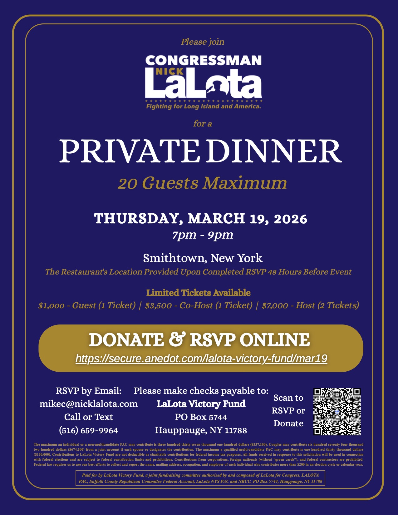 Join Congressman Nick LaLota for a Private Dinner