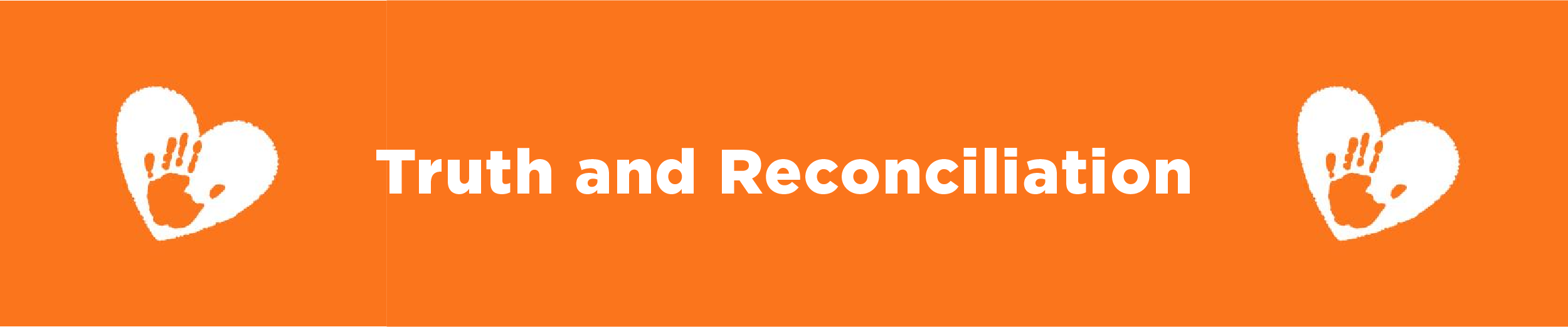 Two small hearts in which there are images of children's handprints signifying those who did not come home from residential schools, all on a backdrop of orange with the overlaid text "Truth and Reconciliation"