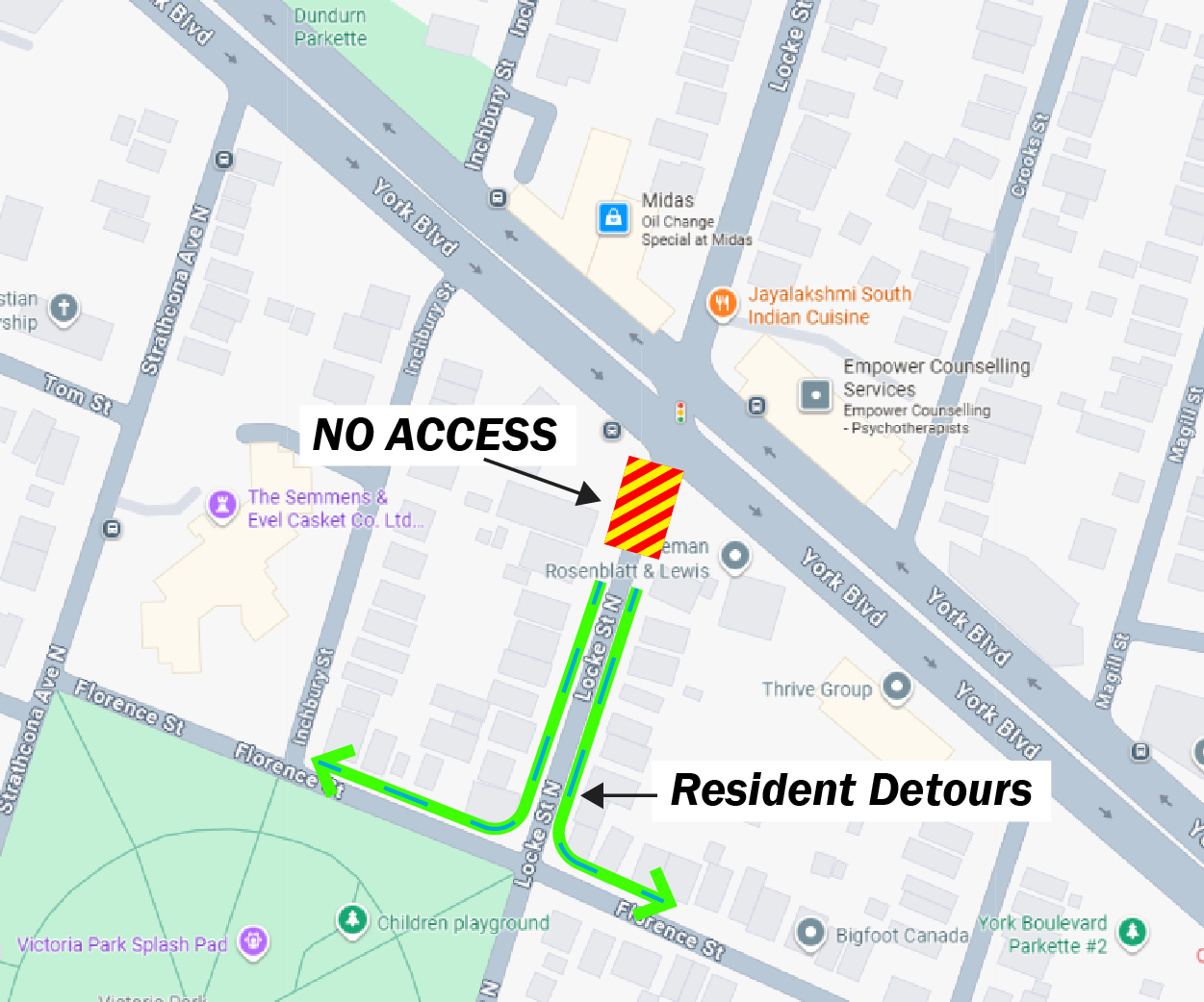 Map of the Locke and York closures showing no access from Locke North to York