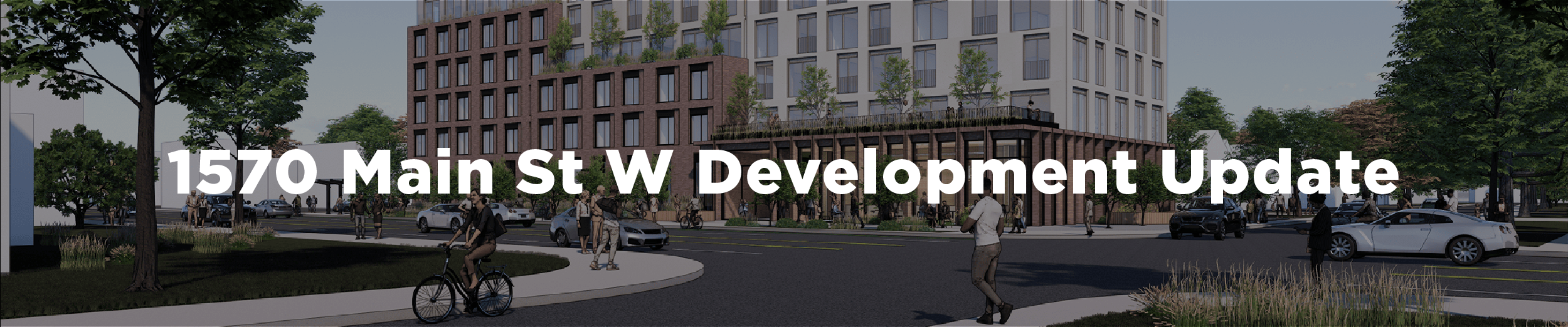 Rendering of the proposed development at 1570 Main Street West in Ainslie Wood complete with people enjoying the community and beautifully landscaped grounds