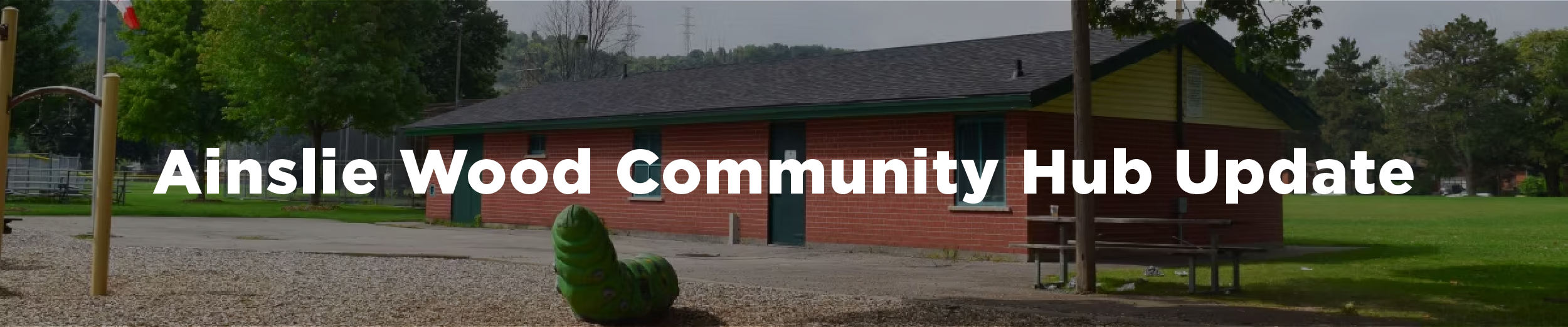 Photo of the old Alexander Park Clubhouse in the summertime with the overlaid text "Ainslie Wood Community Hub update"