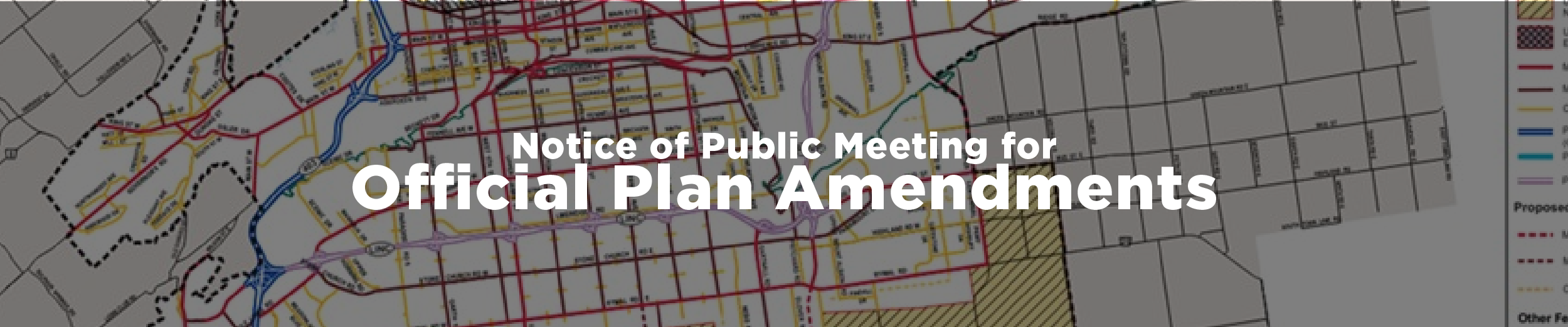 A planning map of Hamilton with the overlaid text "Notice of Public Meeting for Official Plan Amendments"