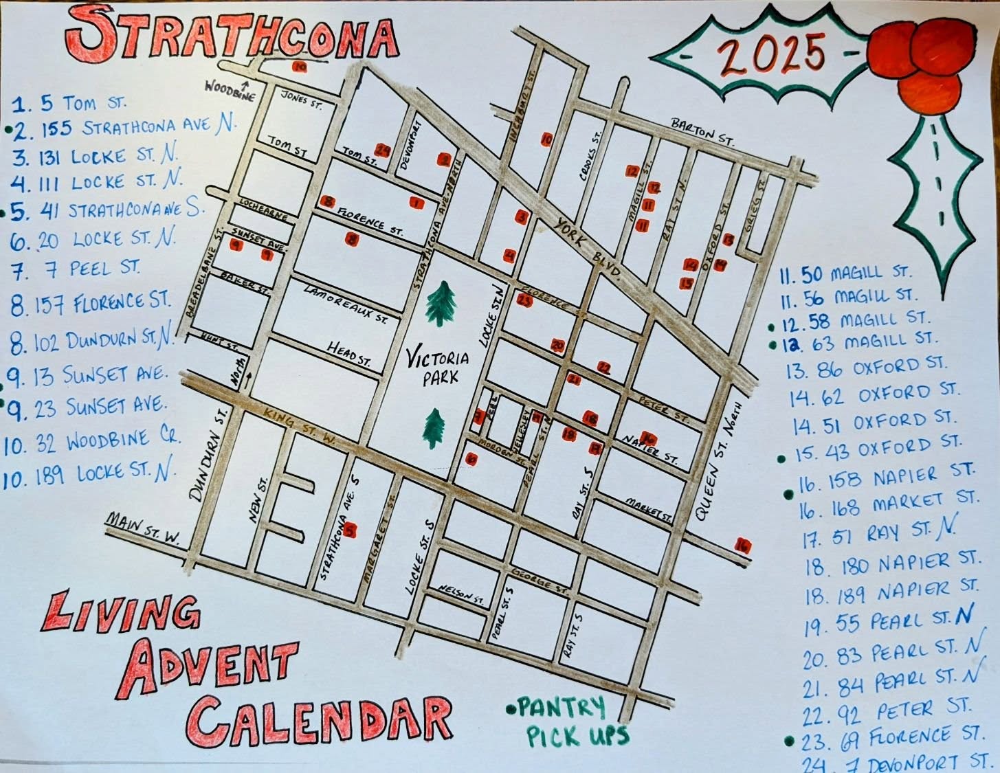 A map of Strathcona listing all the locations of the Living Advent Calendar windows.