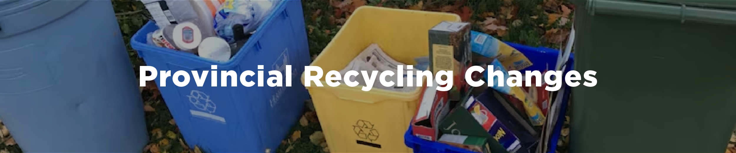 Hamilton recycling boxes at the curb and filled with recyclable materials with the overlaid text "Provincial Recycling Changes"