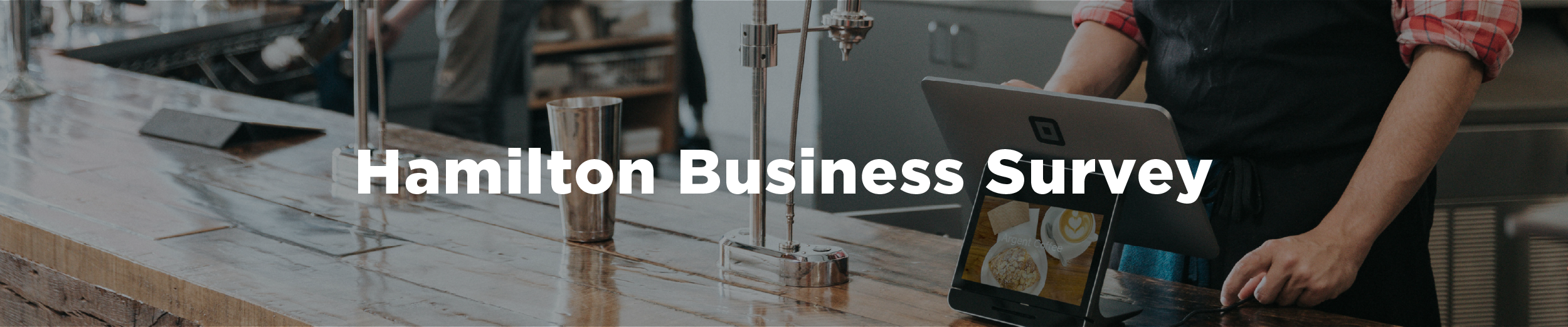 An image of a cafe in the morning with workers preparing coffees and the overlaid text "Hamilton Business Survey"