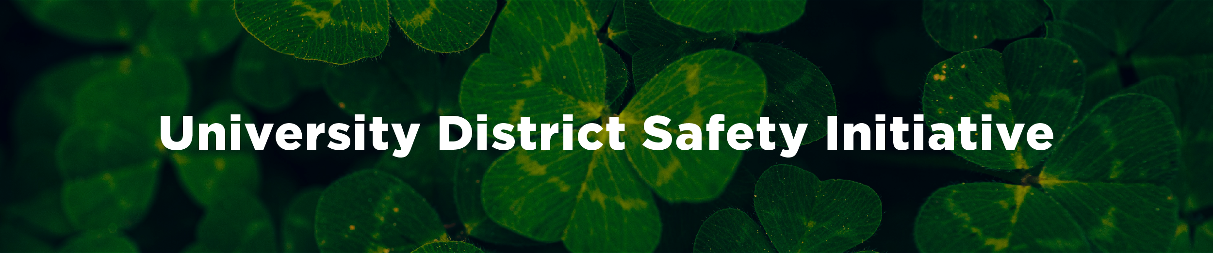Image of vibrant green clover with the overlaid text "University District Safety Initiative"