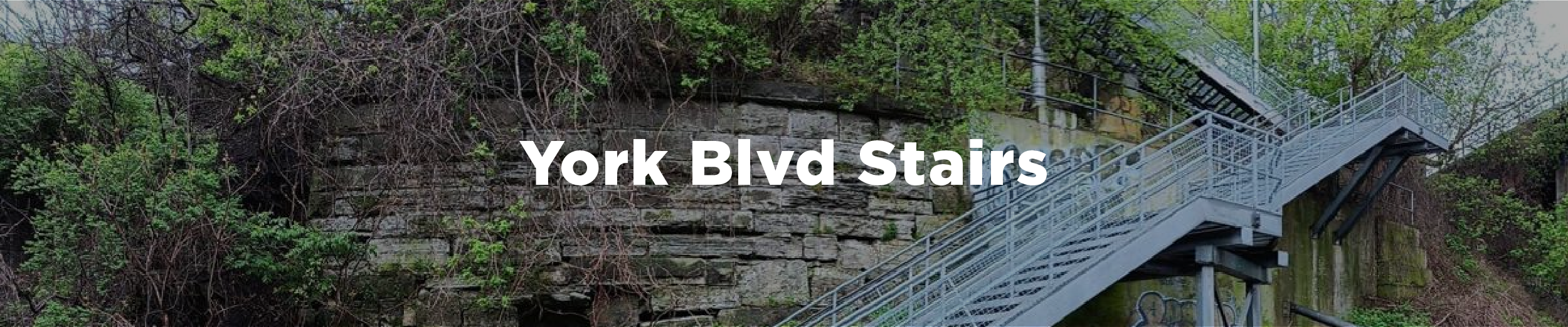 A photo of the York Blvd stairs from the waterfront trail, looking upward at the metal staircase and stone retaining wall, with the overlaid text "York Blvd Stairs"