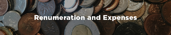 A pile of Canadian coins including pennies, nickels, dimes, and a Toonie with the overlaid text "Renumeration and Expenses"