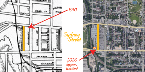 Maps of Sydney Street - one in 1910 with the street visible and one from 2026 indicating where the street once was.