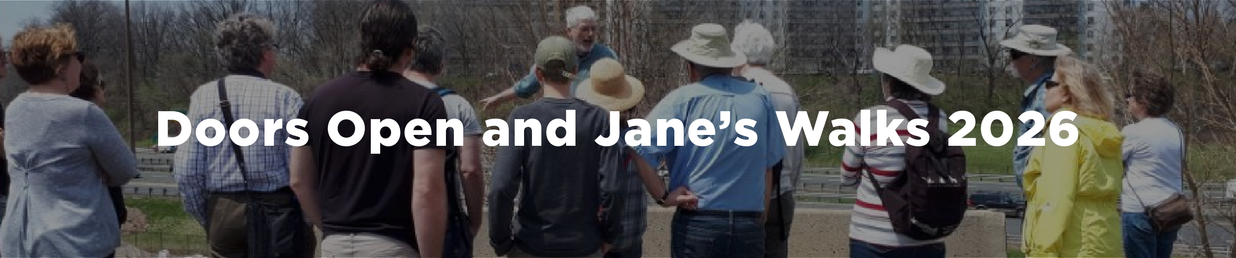 A photo of a Jane's Walk that happened along Chedoke Creek with the overlaid text Jane's Walks and Doors Open 2026