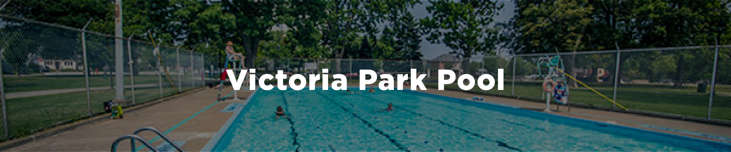 A photo of the Victoria Park pool on a hot sunny summer day with people splashing and having fun. The overlaid text is "Victoria Park Pool".