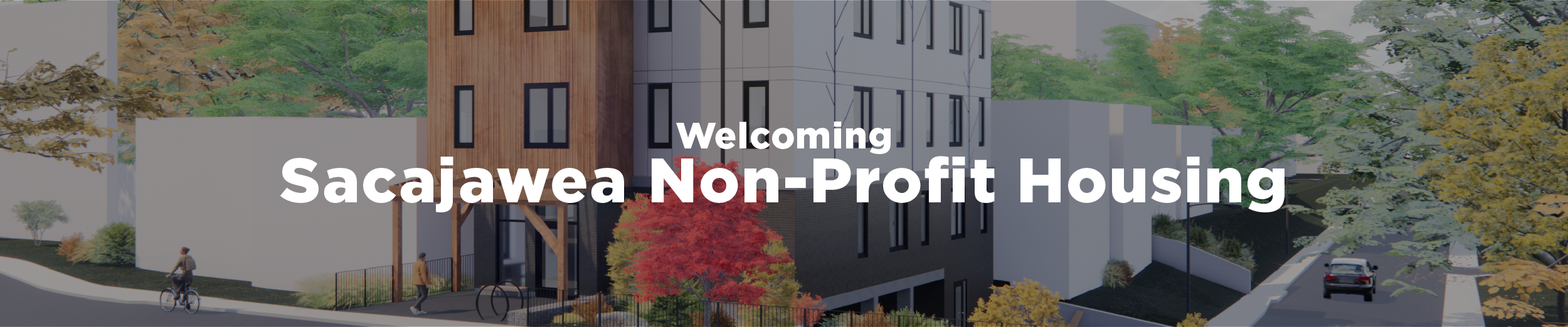 An architectural rendering of the new Sacajawea building at 95 Dundurn Street South with the overlaid text "Welcoming Sacajawea Non-Profit Housing"
