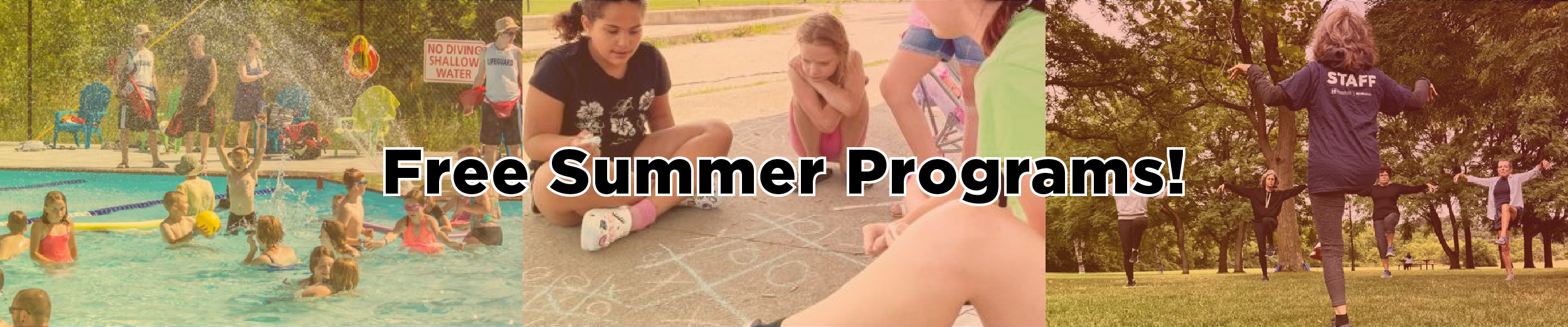 A collage of summer photos in Hamilton, including a community pool filled with people, a Supie program in the park, and a summer outdoor fitness class with the overlaid text "Free Summer Programs"