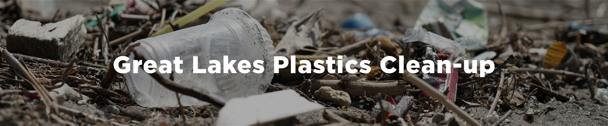 An image of garbage on a beach with the overlaid text "Great Lakes Plastics Clean-up"