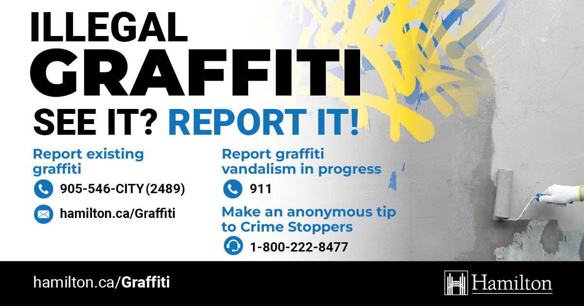 image of a person cleaning blue and yellow graffiti off a wall with a paint roller with the text "illegal graffiti - see it? report it!"