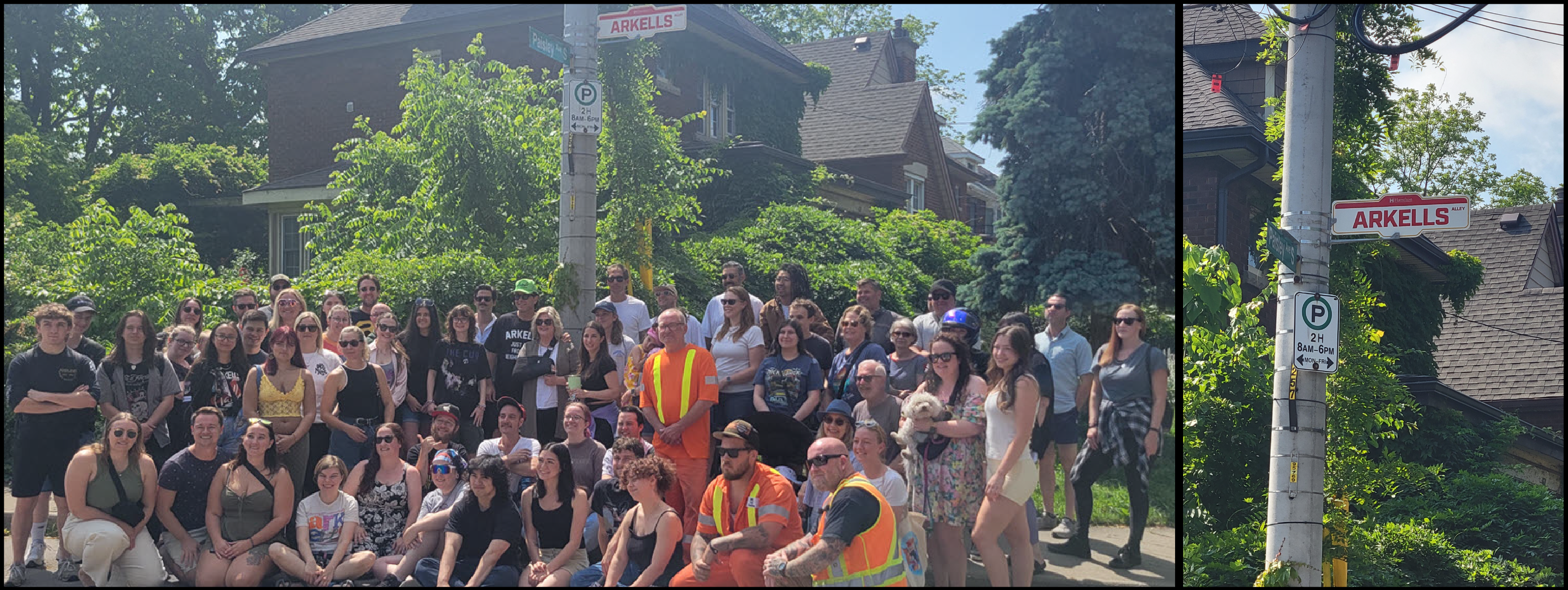 The Arkells witha group of supporters posing in front of the new sign for Arkells Alley in Westdale