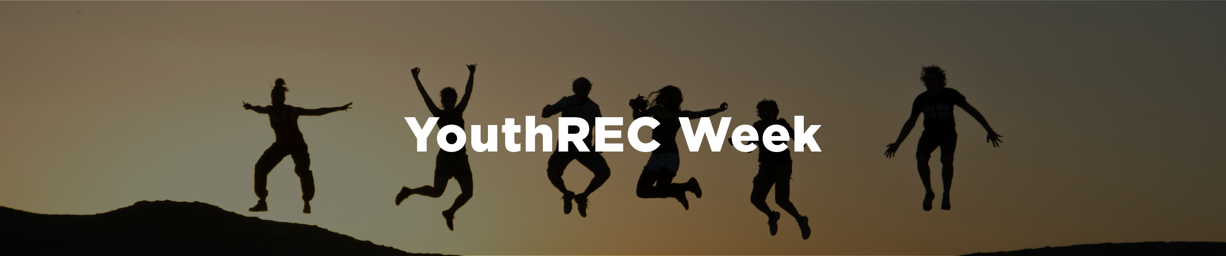 Silhouettes of youth jumping in front of a sunset with the overlaid text "Youth Rec Week"