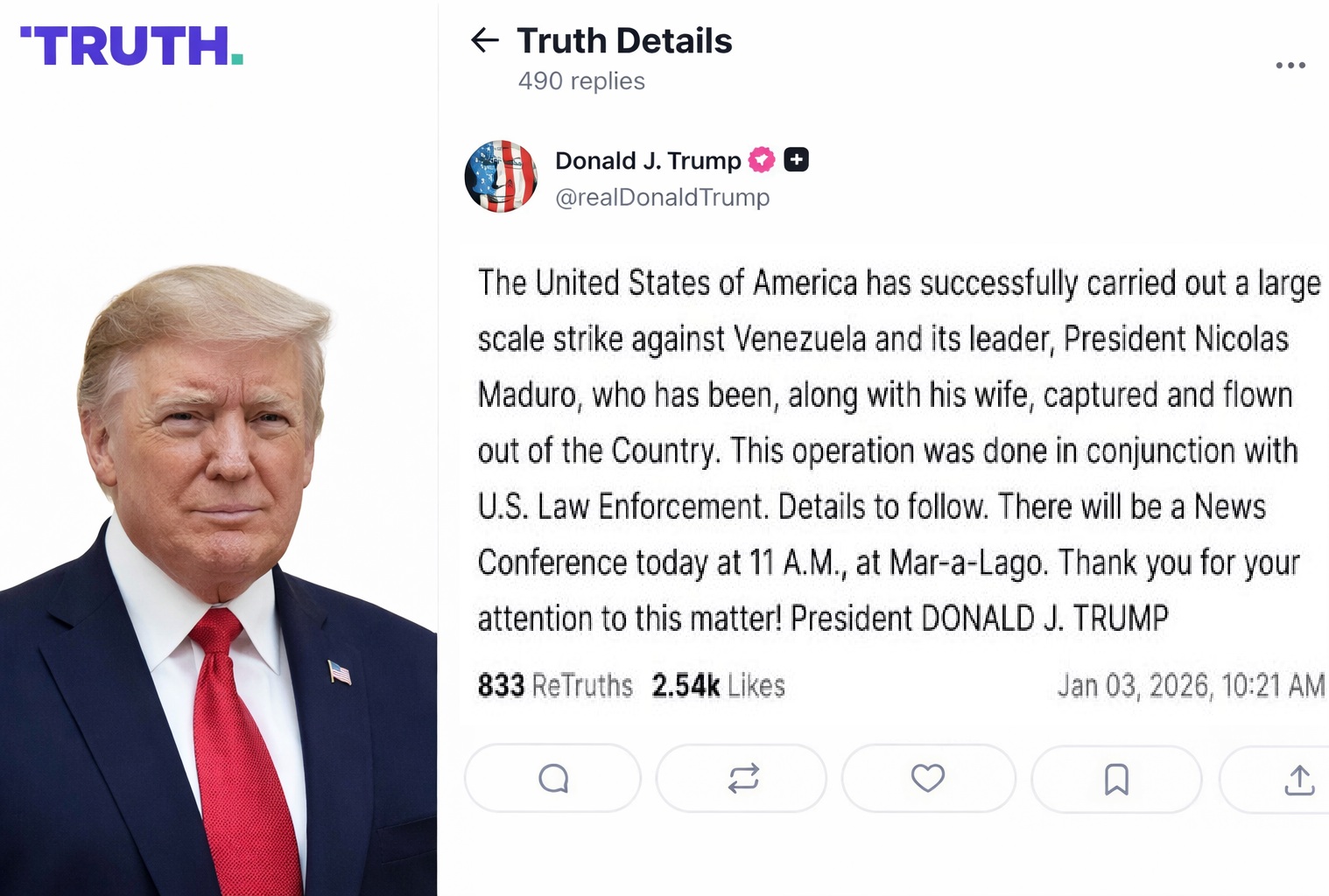 Official Truth Social Statement from Donald J Trump regarding Venezuela and President Nicolas Maduro