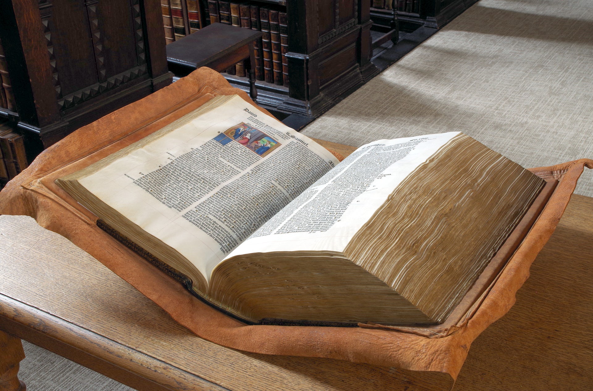 The Great Bible on display at a library.