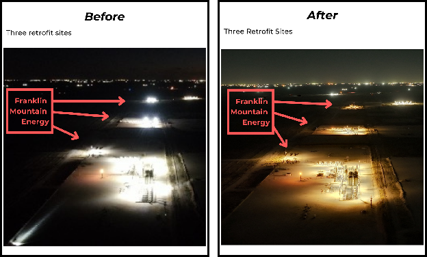 Before and after aerial comparison of Franklin Mountain Energy's three retrofit sites showing dramatically reduced light output