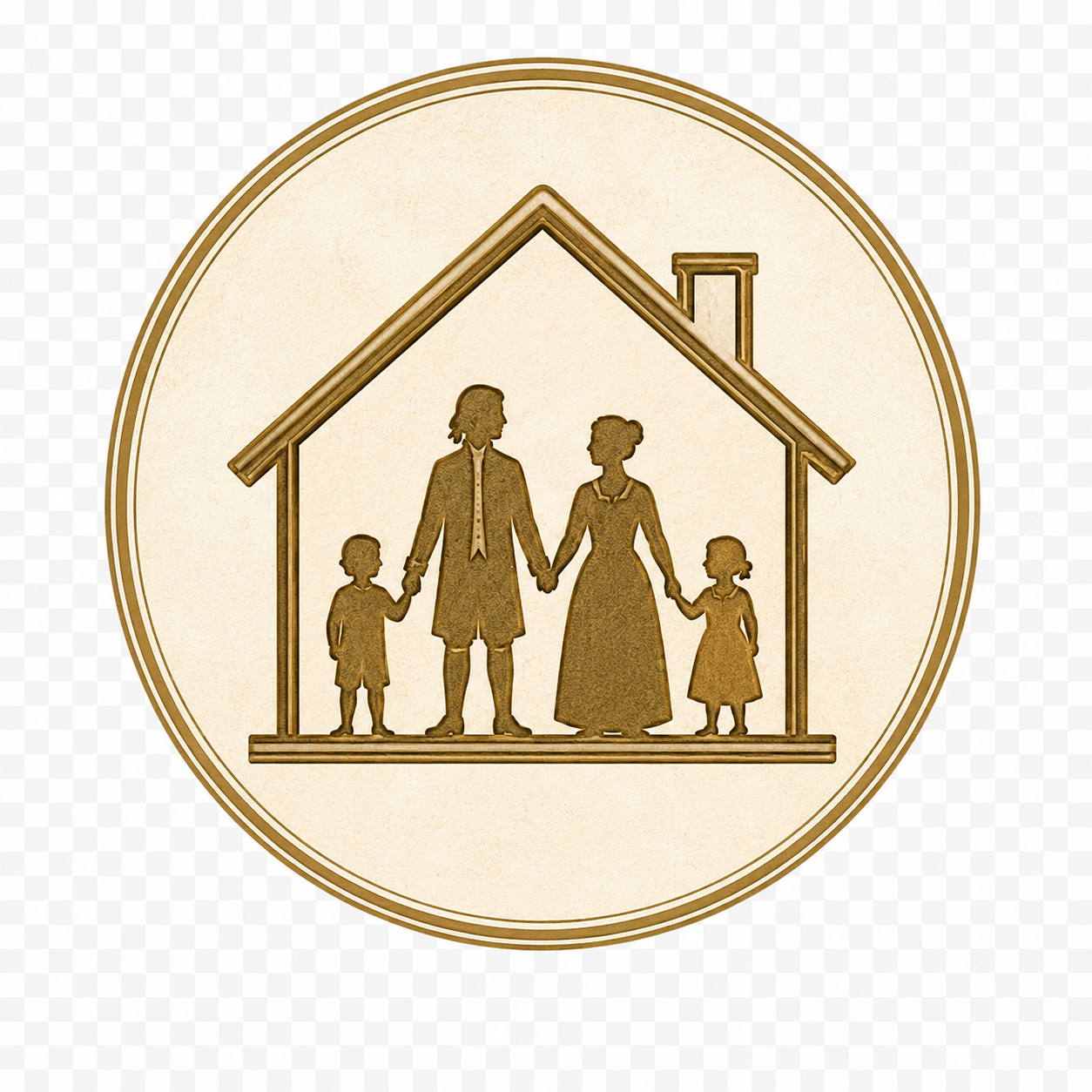 Family medallion — a colonial family under a home roof