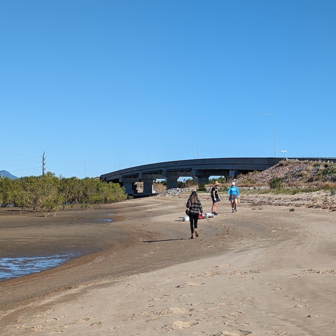 People walking along secret beach picking up rubbish