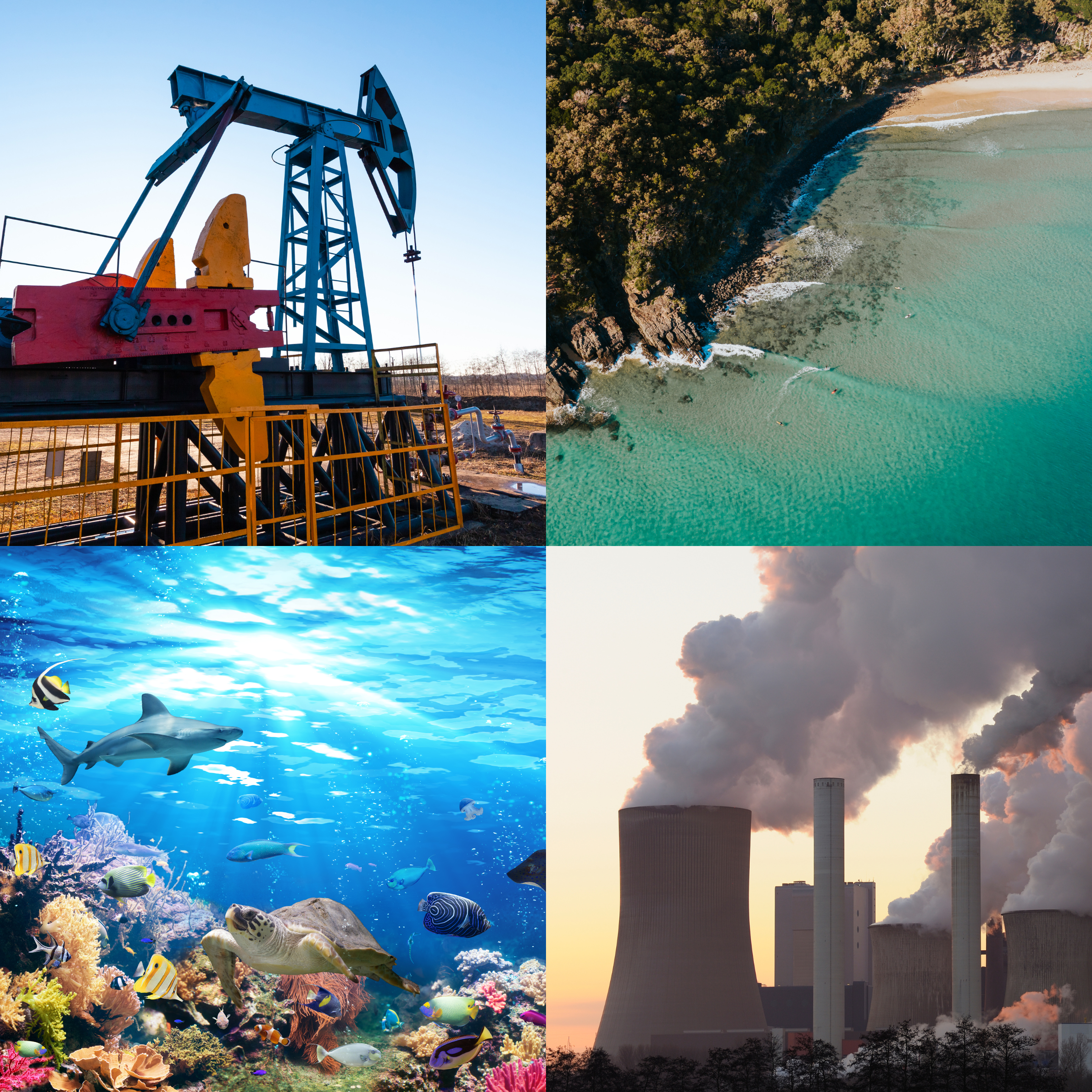 Four images include an onshore oil well, a Queensland coastal rainforest, the reef and a coal power station