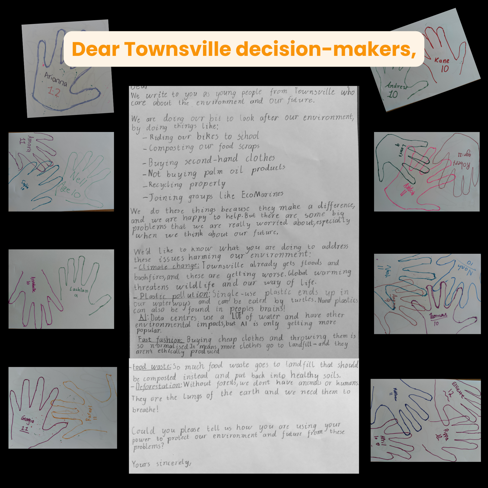 A handwritten letter is surrounded by kids' handprints that contain names and ages of signatories