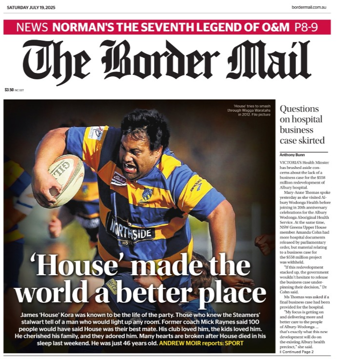 Questions on hospital business case skirted. Front page of The Border Mail on 19 July 2025.