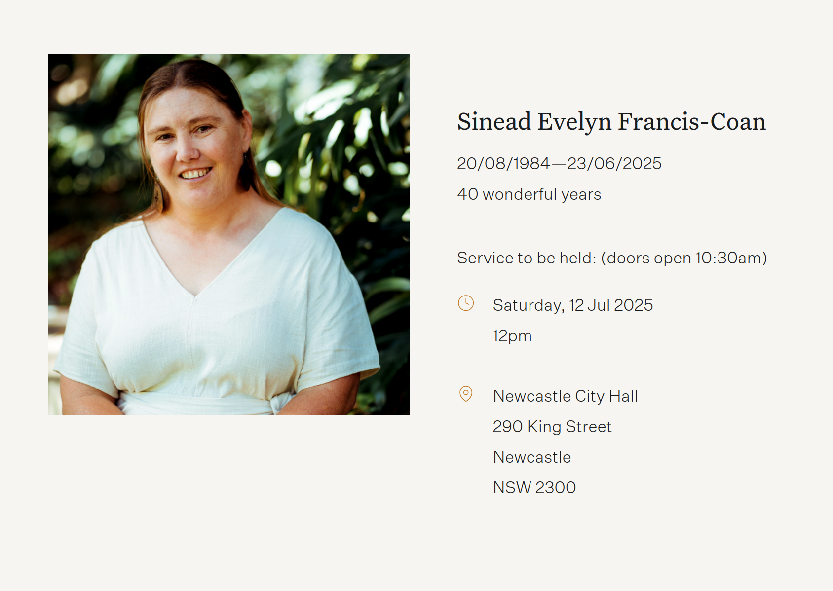 Sinead's funeral notice - Pettigrew