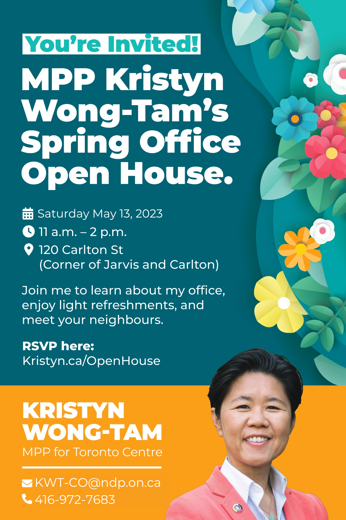 You're Invited to MPP Krsityn Wong-Tam's Spring Office Open House! Join me to learn about my office, enjoy refreshments, and meet your neighbours.
